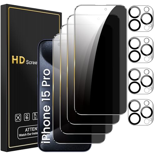 Romkasi 4 Pack Privacy Screen Protector for iPhone 15 Pro 61 Inch with 4 Pack Camera Lens Protector Anti Spy Tempered Glass Film AntiScratch Touch Sensitive Case Friendly - Image 1
