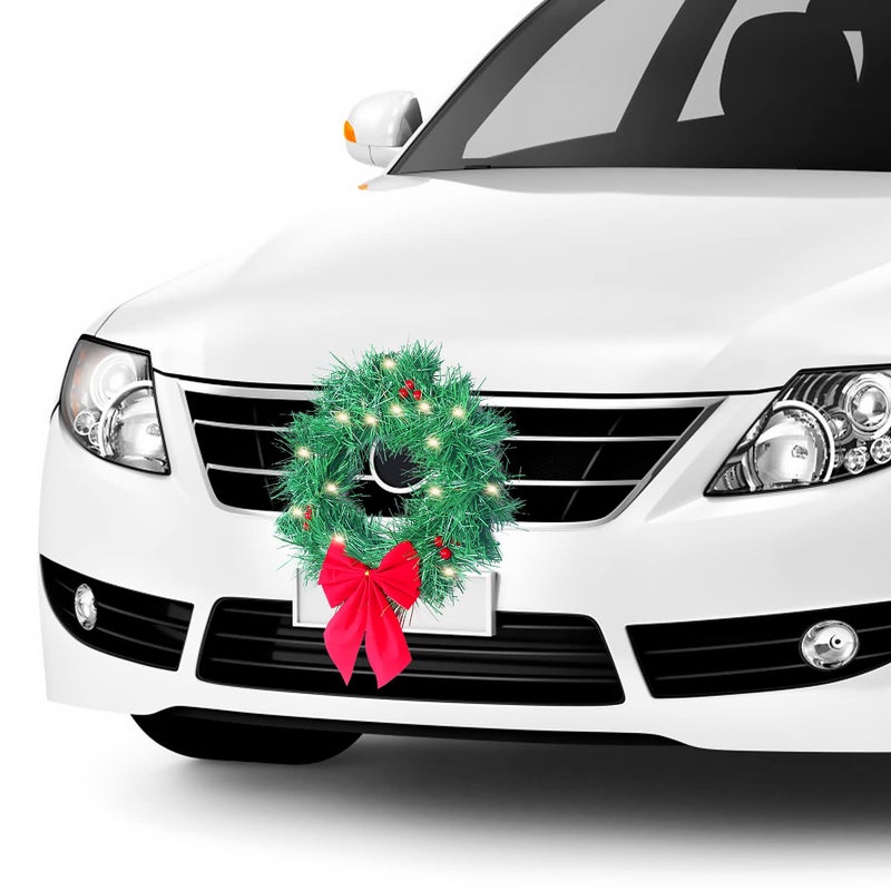 Hxezoc Christmas Car Decoration Wreath with Lights Christmas Car Wreath Accessories for Car Truck SUV or Any Car Grille Mounting Equipment Included - Image 2
