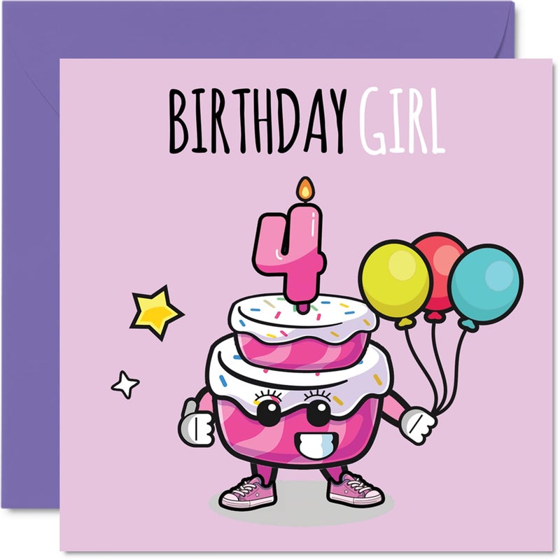 Stuff4 4th Birthday Cards for Girls - Birthday Cake Girl Balloons - Happy Birthday Card for 4 Year Old Girl Niece Sister Granddaughter Goddaughter  145mm Bday Greeting Cards - Image 1