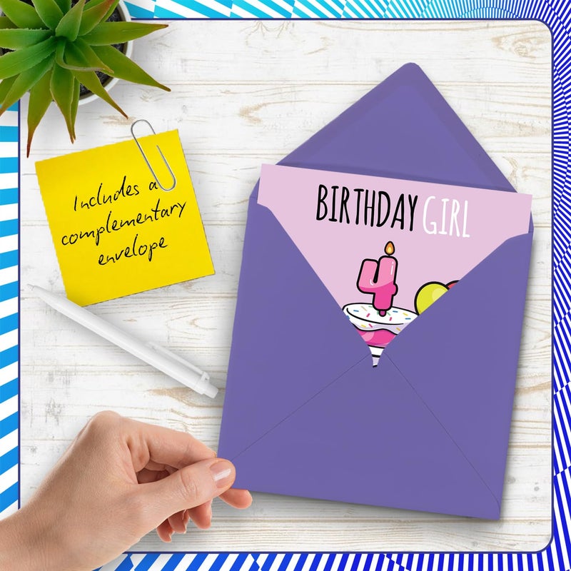 Stuff4 4th Birthday Cards for Girls - Birthday Cake Girl Balloons - Happy Birthday Card for 4 Year Old Girl Niece Sister Granddaughter Goddaughter  145mm Bday Greeting Cards - Image 5