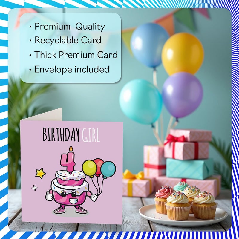 Stuff4 4th Birthday Cards for Girls - Birthday Cake Girl Balloons - Happy Birthday Card for 4 Year Old Girl Niece Sister Granddaughter Goddaughter  145mm Bday Greeting Cards - Image 3