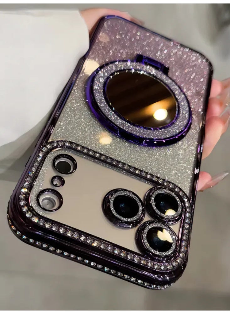 Crystal Rhinestone Glitter MagSafe Phone Case for iPhone with Mirror Ring Stand, Purple - Image 2