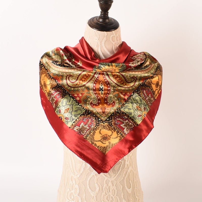 EIysee 35 x 35 Women's Fashion Pattern Large Square Silk Like Hair Scarf Head Sleeping Wrap Satin Neck Bandana for Gift (Big cashew red)â€¦ - Image 3