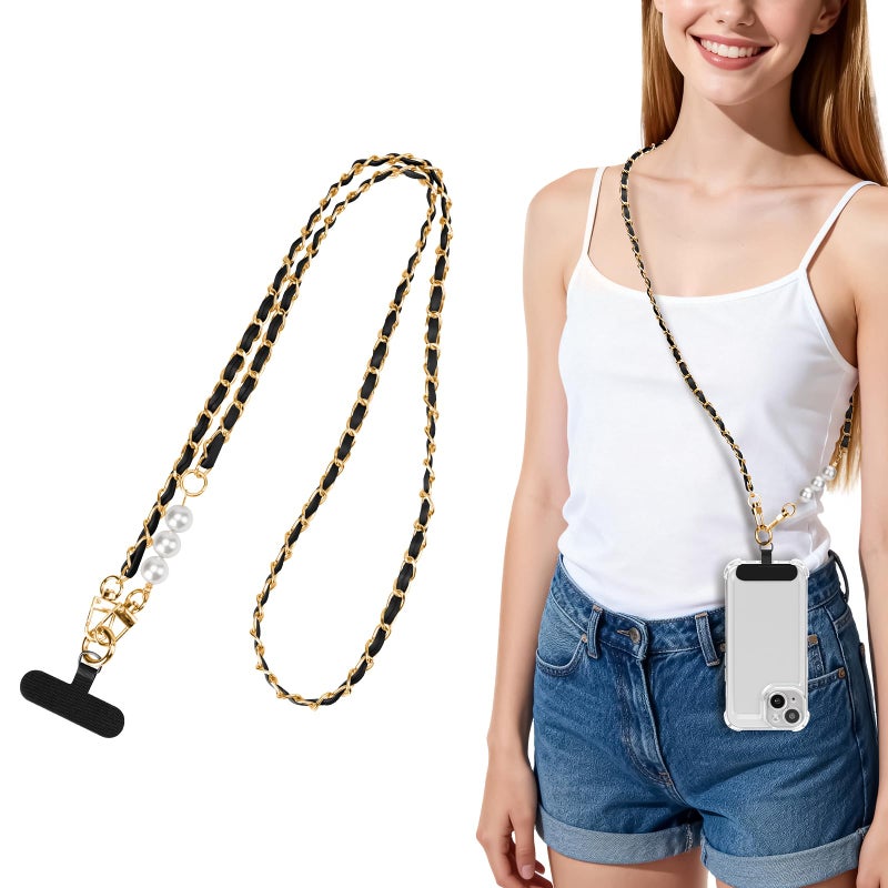 Yojaro Faux Pearl Phone Crossbody Chain for Women, Elegant Beaded Phone Lanyard with Universal Tags, Hands-Free Phone Strap Compatible with iPhone, Samsung and All Smartphones (Black) - Image 1
