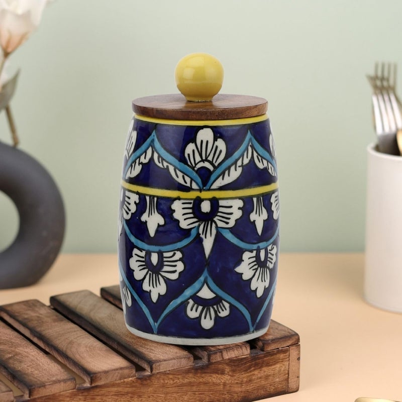 VarEesha Handmade Hand Painted Blue Floral Dholak Ceramic Jars with Wooden Lids Airtight Kitchen Containers for Pickles Cookies ChutneyDry Fruits Leak Proof Ceramic Barni450 ML Set of 2 - Image 2
