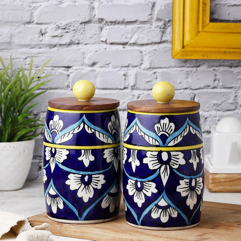 VarEesha Handmade Hand Painted Blue Floral Dholak Ceramic Jars with Wooden Lids Airtight Kitchen Containers for Pickles Cookies ChutneyDry Fruits Leak Proof Ceramic Barni450 ML Set of 2 - Image 1