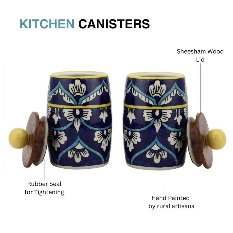 VarEesha Handmade Hand Painted Blue Floral Dholak Ceramic Jars with Wooden Lids Airtight Kitchen Containers for Pickles Cookies ChutneyDry Fruits Leak Proof Ceramic Barni450 ML Set of 2 - Image 3