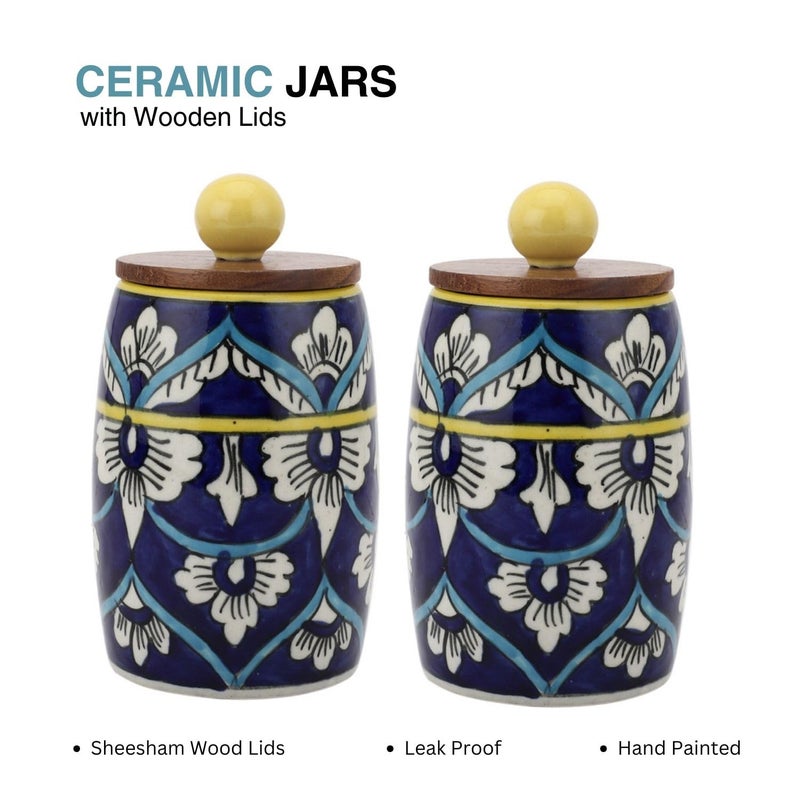 VarEesha Handmade Hand Painted Blue Floral Dholak Ceramic Jars with Wooden Lids Airtight Kitchen Containers for Pickles Cookies ChutneyDry Fruits Leak Proof Ceramic Barni450 ML Set of 2 - Image 4