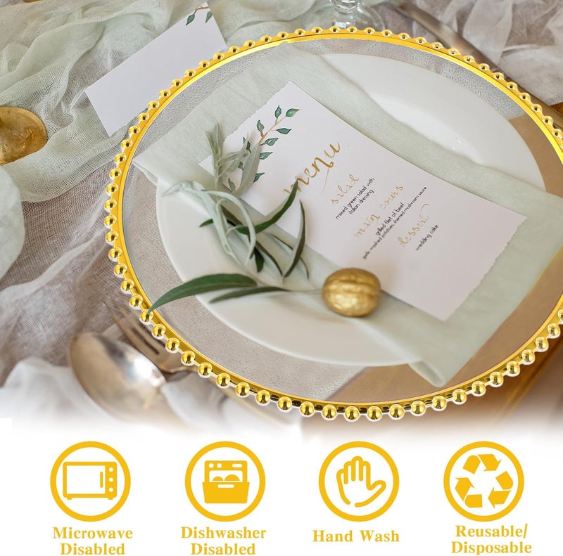 Hoolerry 12 Pack Clear Charger Plates Bulk 13 Inch Plastic Round Beaded Dinner Chargers Acrylic Frosted Grain Decorative Service Plates for Wedding Party Event Home and Kitchen Tabletop Gold - Image 4