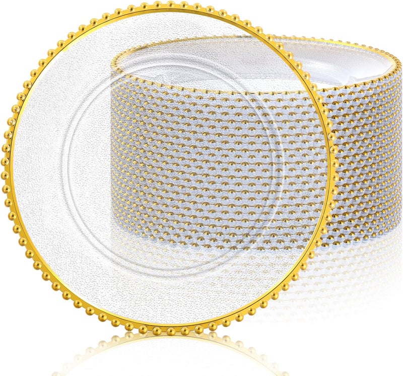 Hoolerry 12 Pack Clear Charger Plates Bulk 13 Inch Plastic Round Beaded Dinner Chargers Acrylic Frosted Grain Decorative Service Plates for Wedding Party Event Home and Kitchen Tabletop Gold - Image 1