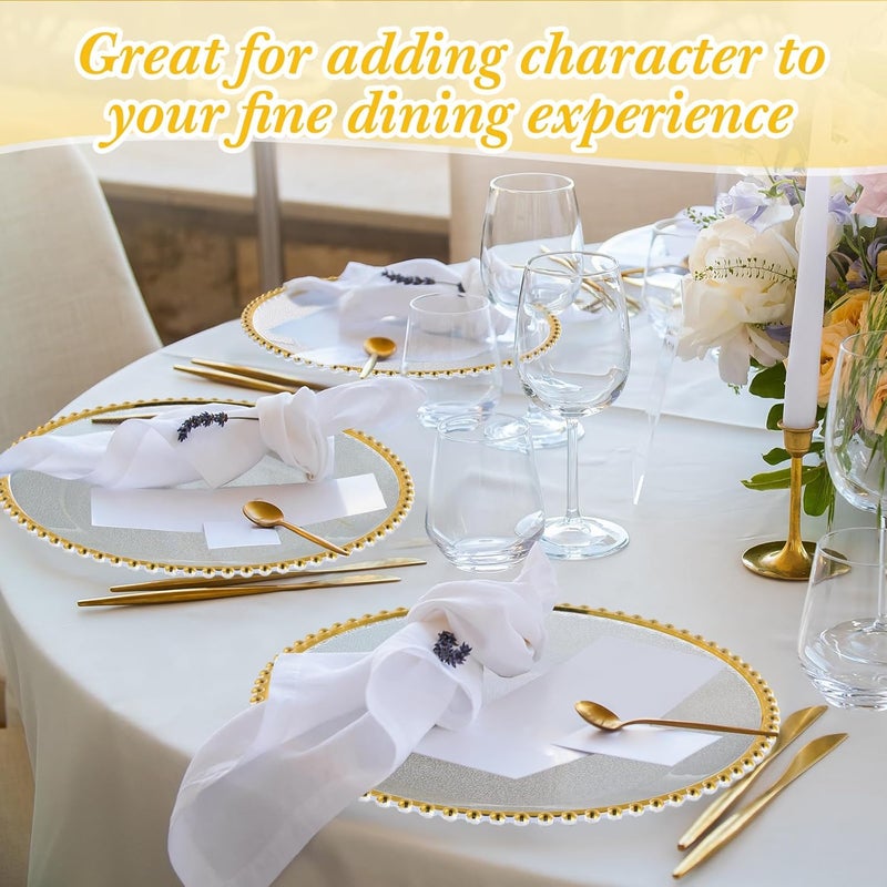 Hoolerry 12 Pack Clear Charger Plates Bulk 13 Inch Plastic Round Beaded Dinner Chargers Acrylic Frosted Grain Decorative Service Plates for Wedding Party Event Home and Kitchen Tabletop Gold - Image 5