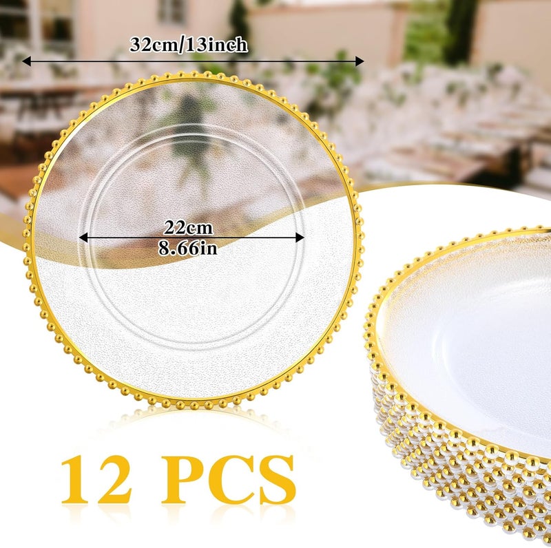 Hoolerry 12 Pack Clear Charger Plates Bulk 13 Inch Plastic Round Beaded Dinner Chargers Acrylic Frosted Grain Decorative Service Plates for Wedding Party Event Home and Kitchen Tabletop Gold - Image 2