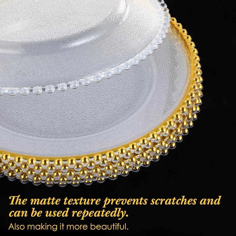 Hoolerry 12 Pack Clear Charger Plates Bulk 13 Inch Plastic Round Beaded Dinner Chargers Acrylic Frosted Grain Decorative Service Plates for Wedding Party Event Home and Kitchen Tabletop Gold - Image 3