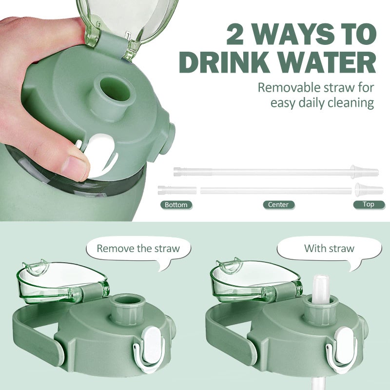 kytffu 64oz Glass Water Bottles with Straw, Half Gallon Motivational Glass Bottle with Silicone Sleeve and Time Marker, 2L Leakproof Large Glass Water Jug for Gym Home Office,olive - Image 4
