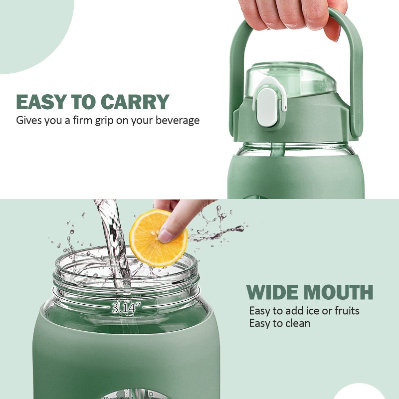 kytffu 64oz Glass Water Bottles with Straw, Half Gallon Motivational Glass Bottle with Silicone Sleeve and Time Marker, 2L Leakproof Large Glass Water Jug for Gym Home Office,olive - Image 5