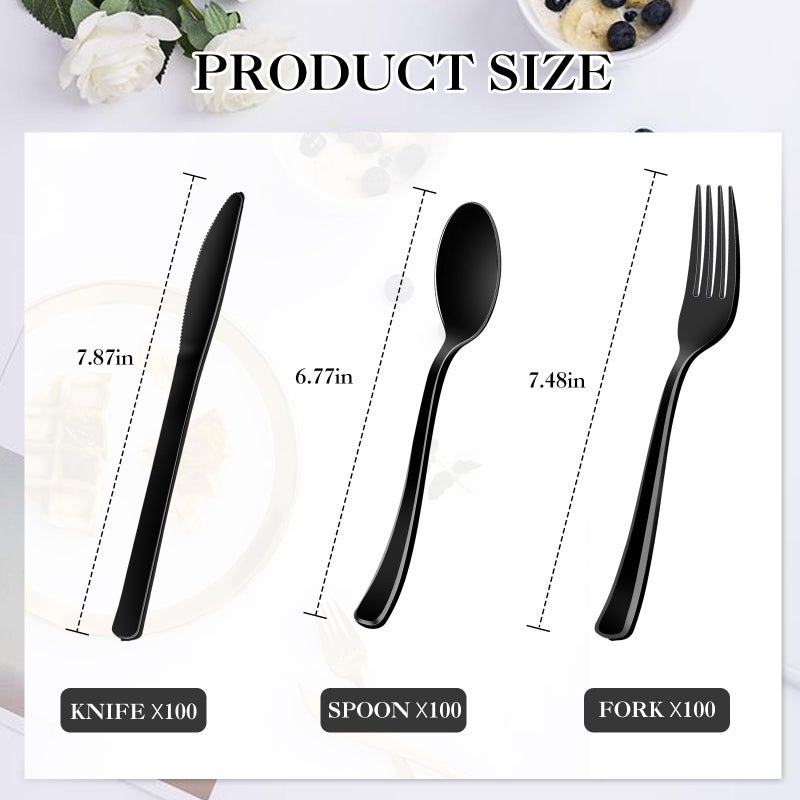 ALEXPRE 300 Pack Black Disposable Plastic Silverware Heavy Duty Black Cutlery Set  Plastic Forks and Spoons Knives Utensils Set for Birthday Party Prom Night Weddings Halloween - Image 2