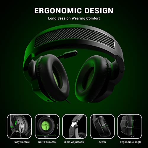EKSA E7000 Fenrir Gaming Wired On Ear Headset for Xbox One, PS4, PC, PS5, Mobile Devices - Gaming Headphones with Noise Cancelling Microphone, Comfortable Ear Pads, 50 mm Drivers (black green) - Image 3