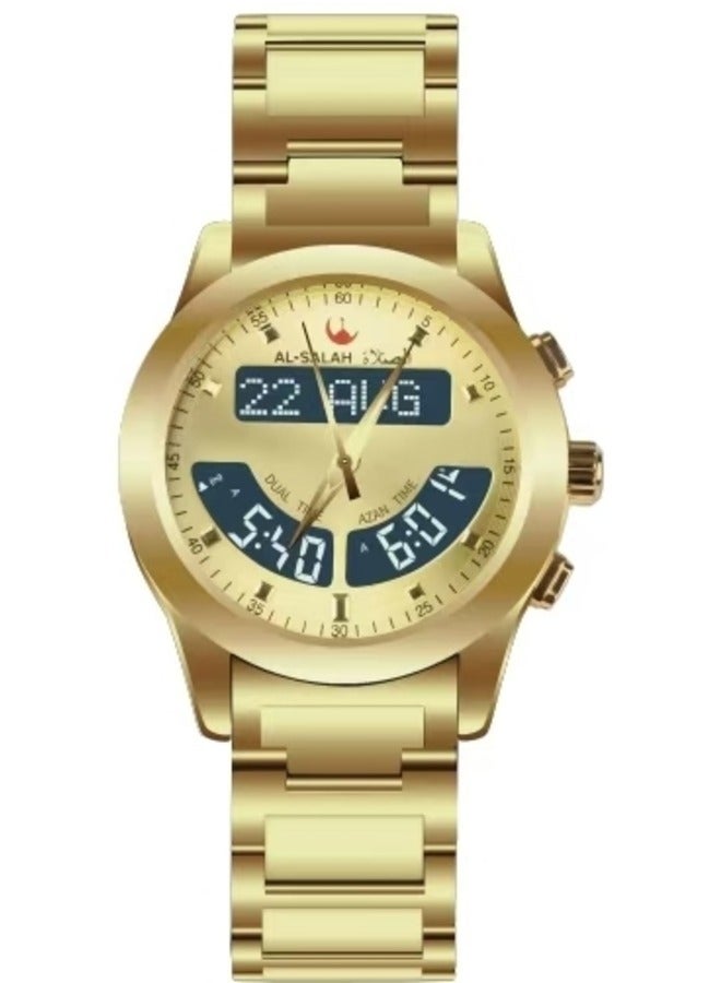 ساعات يد رقمية مقاومة للماء من الفولاذ المقاوم للصدأ للرجال والنساء مع أذان الصلاة، لون ذهبي