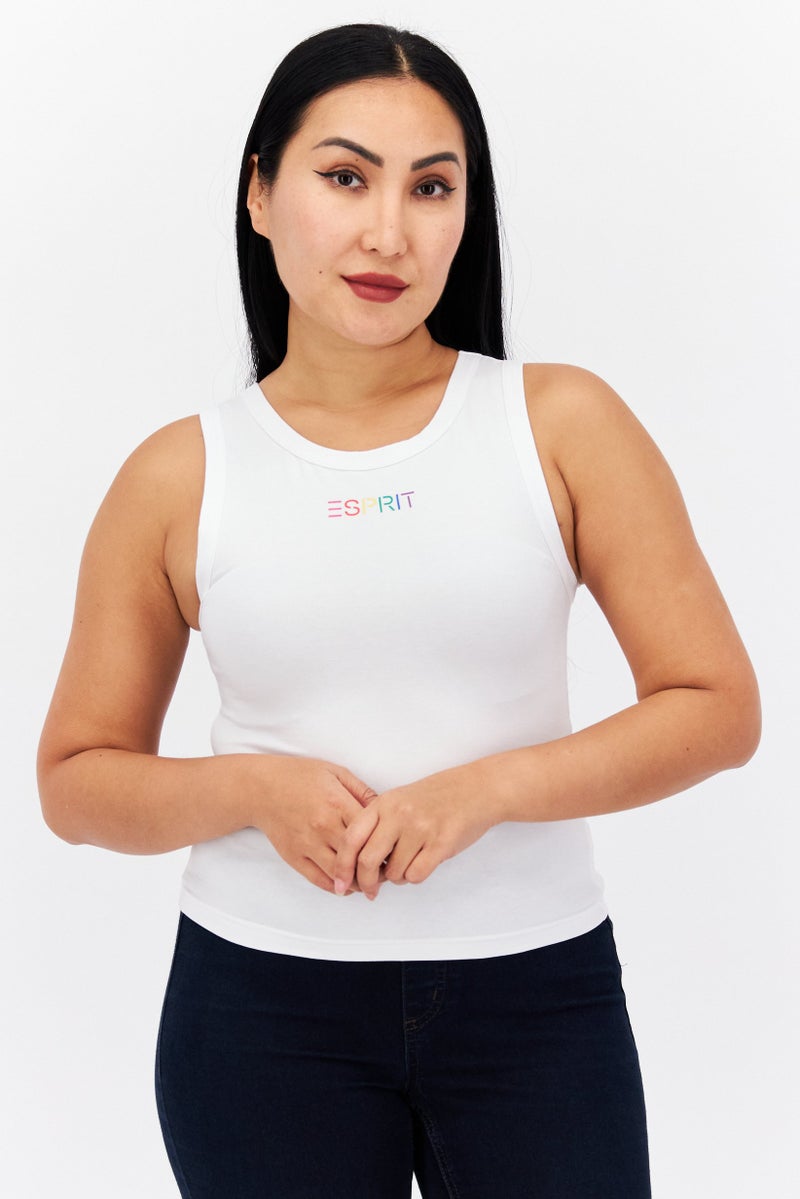 Esprit x Rest and Recreation Women Round Neck Sleeveless Brand Logo Tank Top, White - Image 1