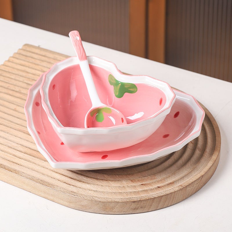 Dining Ware Set Strawberry Pattern - Durable Safe Material Complete Bowl Spoon Plate Set for Daily Dining Home Table Setting Gift Occasions - Image 1