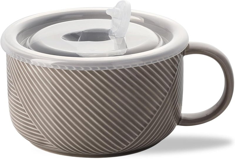 Adewnest Oversized Soup Bowl with Handle 38 oz Ceramic Soup Mug with Lid  Microwave Safe Jumbo Food Storage Container for Ramen Cereal Breakfast Meal Prep Office Lunch Dorm Living  Grey 6 Inch - Image 1