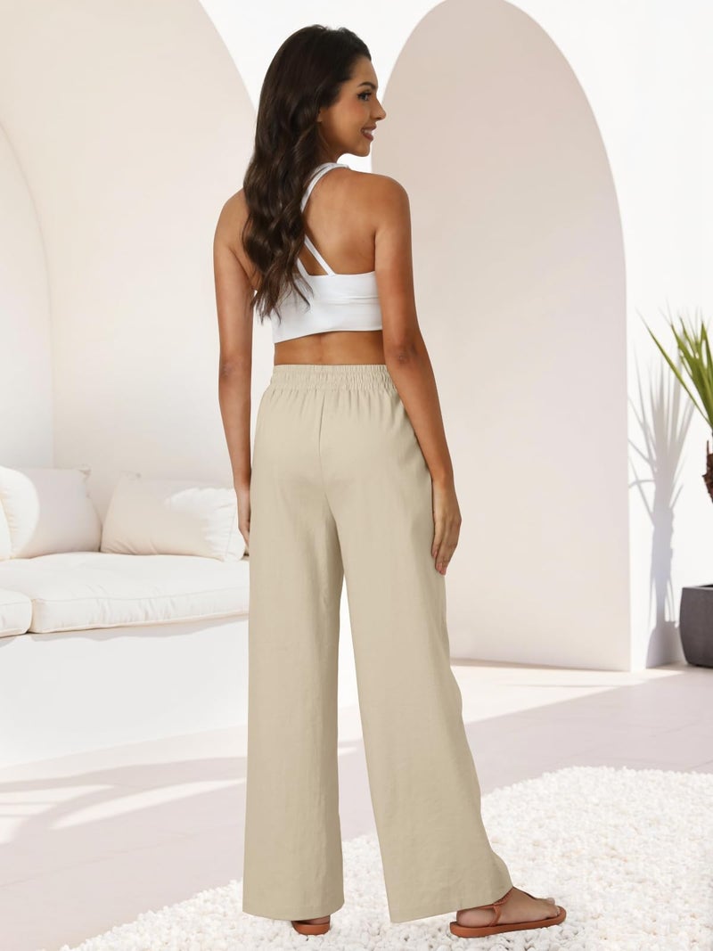 FireSwan Womens Palazzo Pants Casual Drawstring Flowy Pants Wide Leg Summer Beach Linen Trousers with Pockets Khaki - Image 4