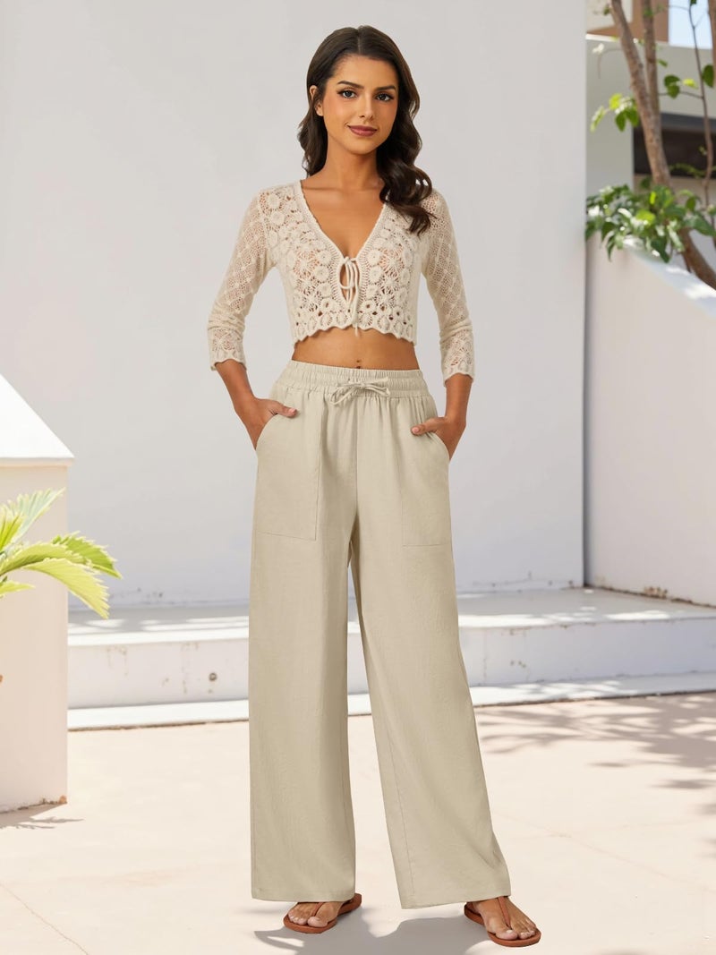 FireSwan Womens Palazzo Pants Casual Drawstring Flowy Pants Wide Leg Summer Beach Linen Trousers with Pockets Khaki - Image 2