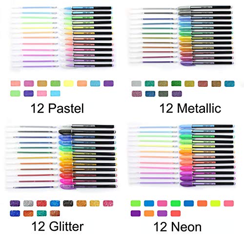 SAYEEC 48 Packs Glitter Metallic Gel Pen Set Coloring Neon Pens Set for Adult Coloring Books Art Drawing Writing 1.0mm Tip -12 Metallic,12 Glitter,12 Neon,12 WaterChalk - Image 3