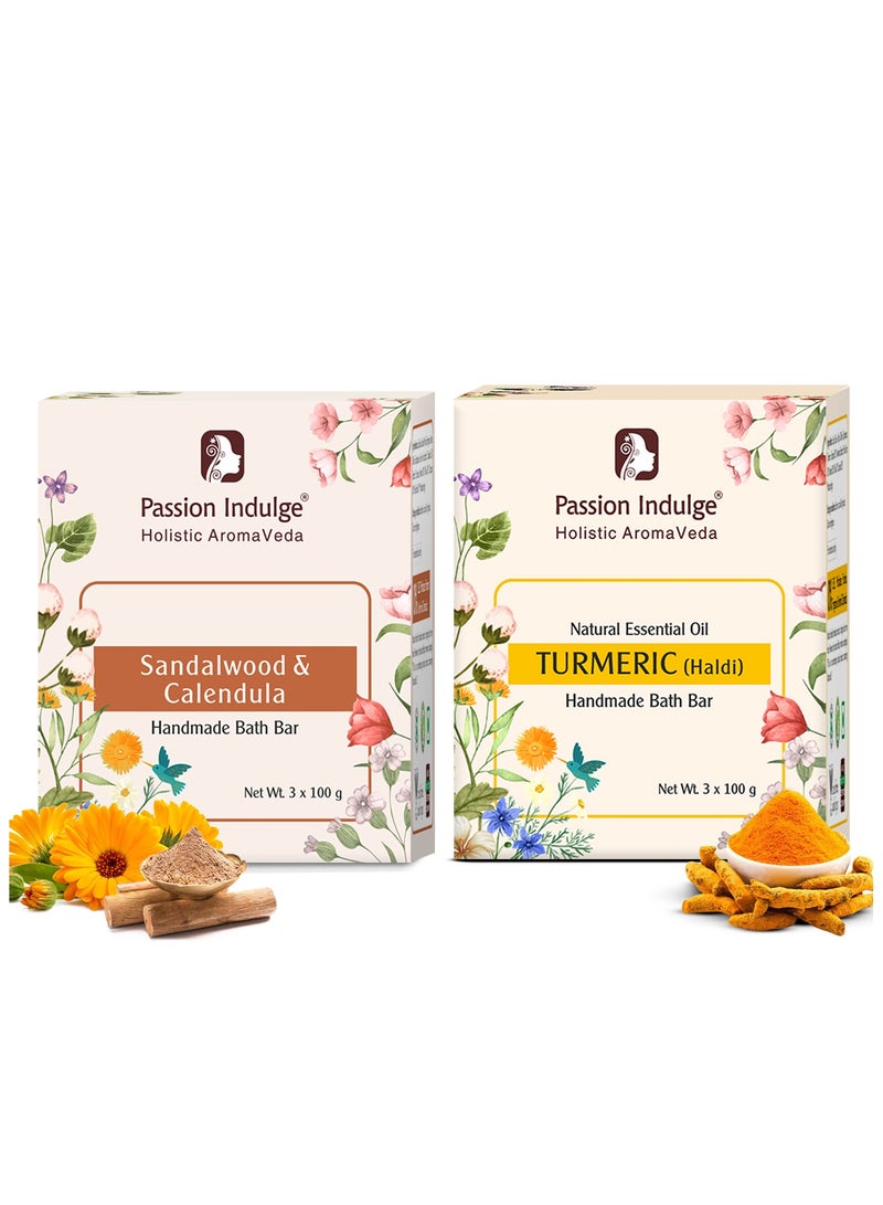 passion indulge صابون يدوي الصنع بالأيورفيدا من Passion Indulge - مجموعة الكركم وخشب الصندل | زيت أساسي | نباتي | لجميع أنواع البشرة | عبوة من 6 - Image 1