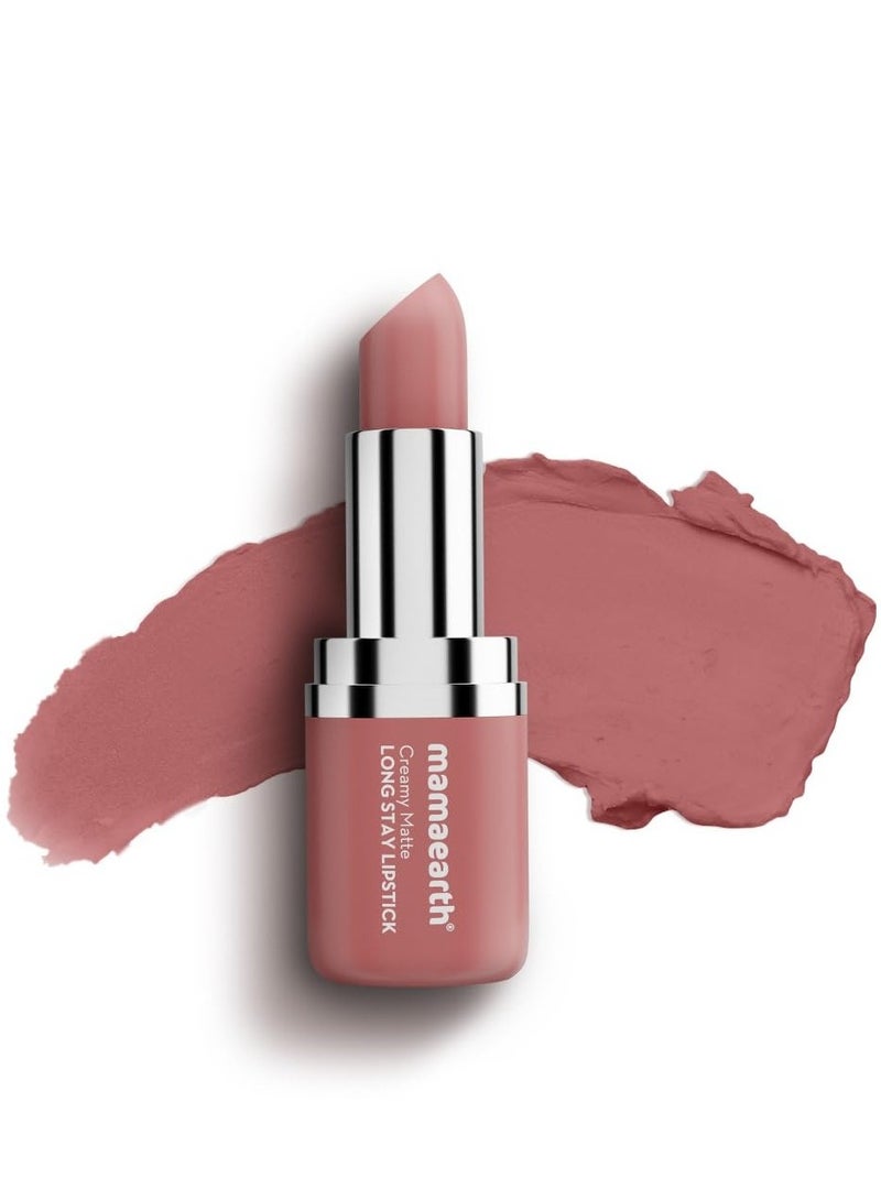 Mamaearth Creamy Matte Long Stay Lipstick with Murumuru Butter and Vitamin E for 8 Hour Long Stay  Flakeproof and Non Drying   Intense Color Payoff   4.2g  Pillow nude - Image 1