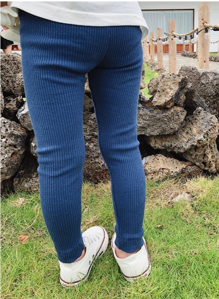 Loquat Girls Solid Color Legging Ribbed Knit Footless Tights Kid Basic Stocking  Dress Bottom Top Pants Denim Blue  - Image 3