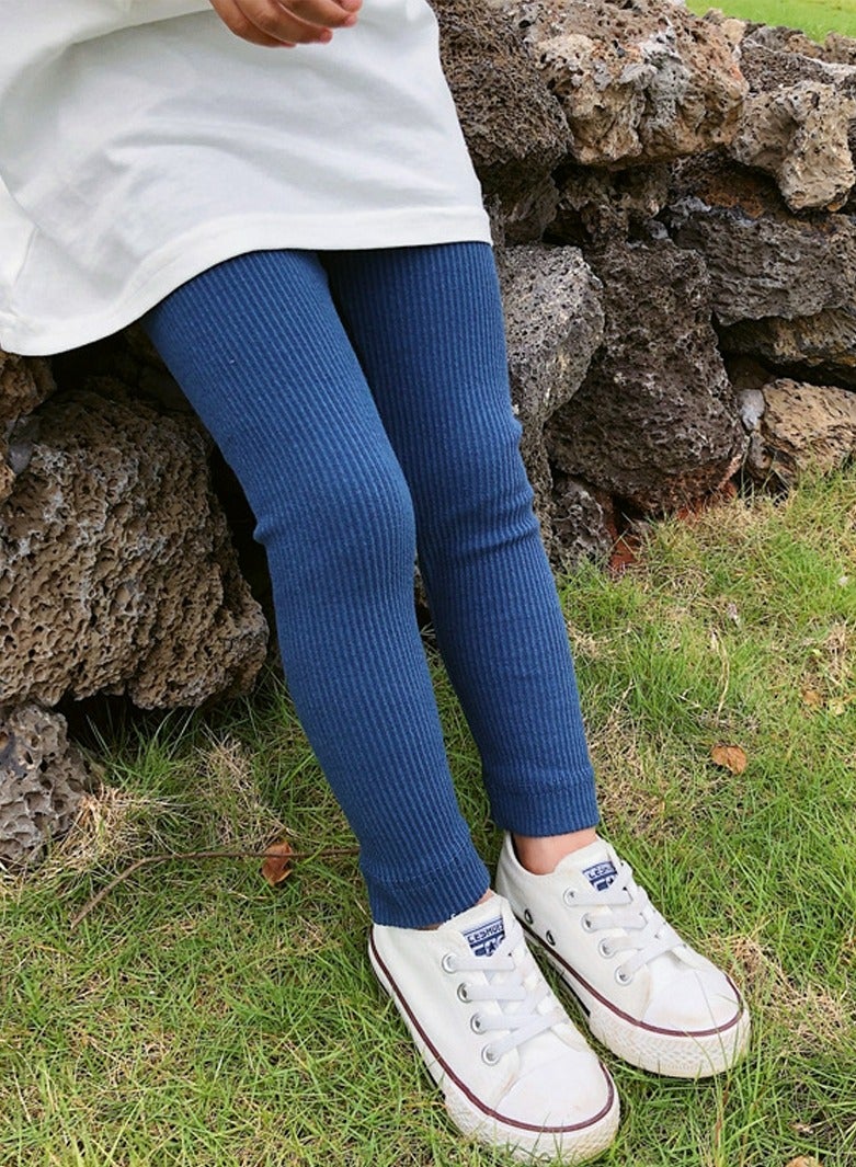 Loquat Girls Solid Color Legging Ribbed Knit Footless Tights Kid Basic Stocking  Dress Bottom Top Pants Denim Blue  - Image 1