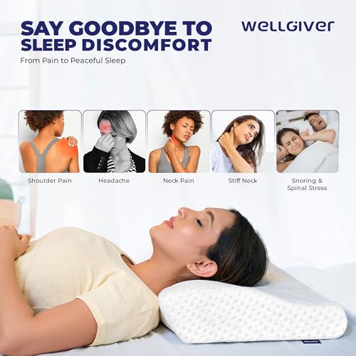 WELLGIVER Cervical Memory Foam Pillow for Neck Pain | 2 Year Warranty | 19 x 11 x 4 Inch Standard | Orthopedic Pillow Spondylitis Neck & Shoulder Pain | Washable Jacquard White Cover | Pack of 1 - Image 3