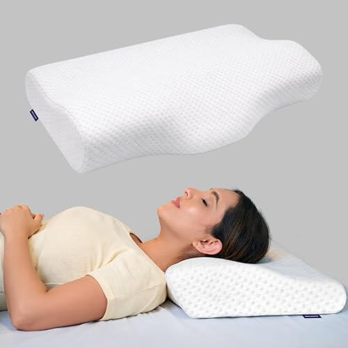 WELLGIVER Cervical Memory Foam Pillow for Neck Pain | 2 Year Warranty | 19 x 11 x 4 Inch Standard | Orthopedic Pillow Spondylitis Neck & Shoulder Pain | Washable Jacquard White Cover | Pack of 1 - Image 1