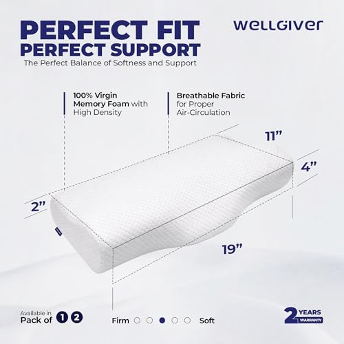 WELLGIVER Cervical Memory Foam Pillow for Neck Pain | 2 Year Warranty | 19 x 11 x 4 Inch Standard | Orthopedic Pillow Spondylitis Neck & Shoulder Pain | Washable Jacquard White Cover | Pack of 1 - Image 2