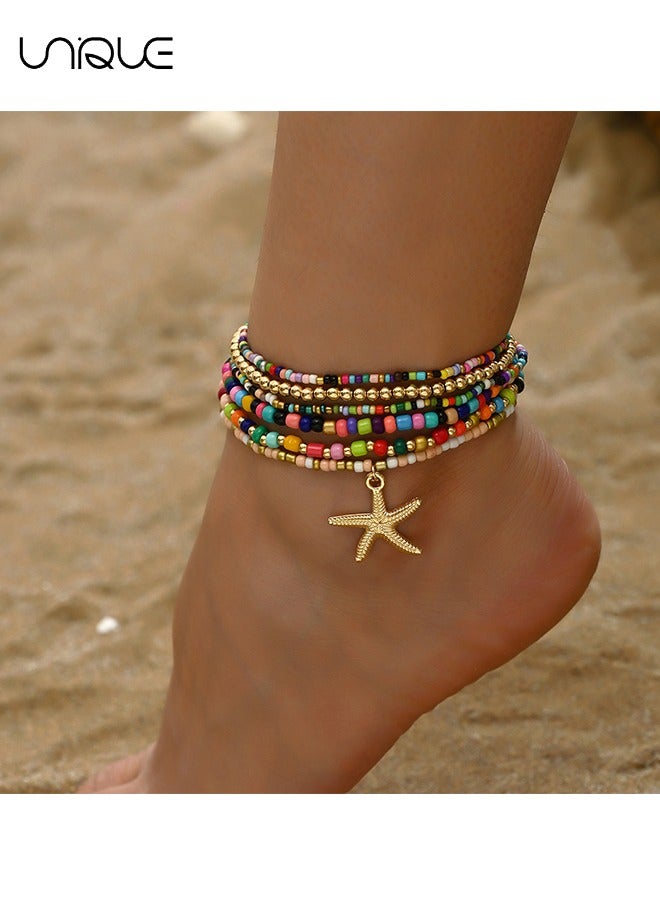 يونيك خلخال - خلخال قلادة نجم البحر - ست طبقات من الخلخال الملون - بسيط وأنيق - خلخال جديد - نساء - Image 1