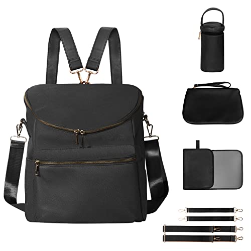 Minsong Diaper Bag Backpack,Fashion Leather Mommy Backpacks,Travel Toddler Baby Diaper Bags with in Bag Organizer and Changing Pad (Black) - Image 1