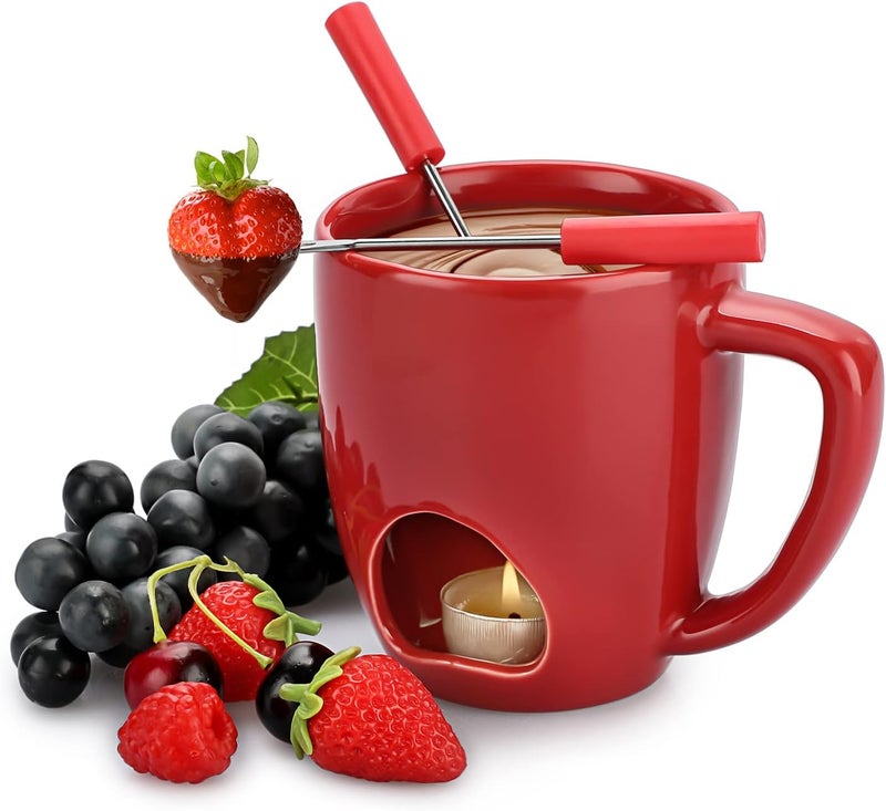 BSTKEY 230ML Personal Chocolate Fondue Mug Set, Ceramic Butter Warmer Set, Mini Melt Hot Pot Cup Set for Cheese Chocolate Butter Caramel, with 2 Forks (Red) - Image 1
