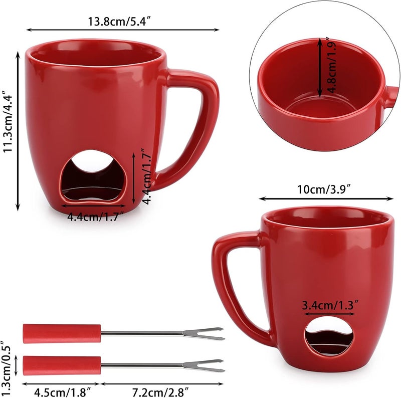 BSTKEY 230ML Personal Chocolate Fondue Mug Set, Ceramic Butter Warmer Set, Mini Melt Hot Pot Cup Set for Cheese Chocolate Butter Caramel, with 2 Forks (Red) - Image 2