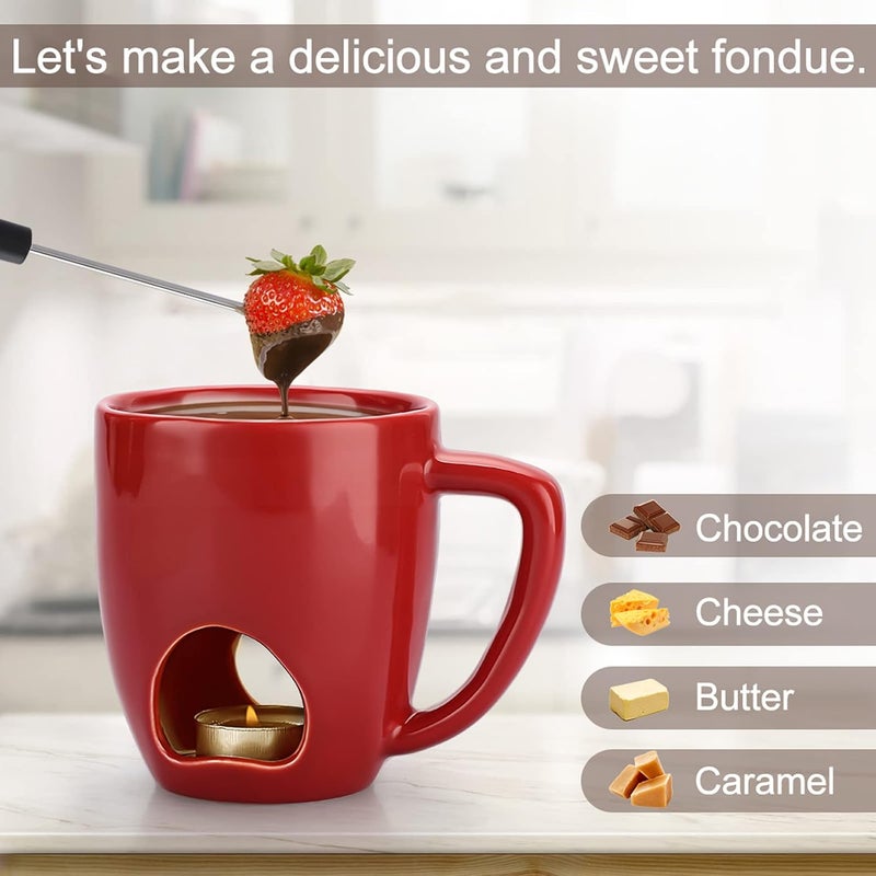 BSTKEY 230ML Personal Chocolate Fondue Mug Set, Ceramic Butter Warmer Set, Mini Melt Hot Pot Cup Set for Cheese Chocolate Butter Caramel, with 2 Forks (Red) - Image 3