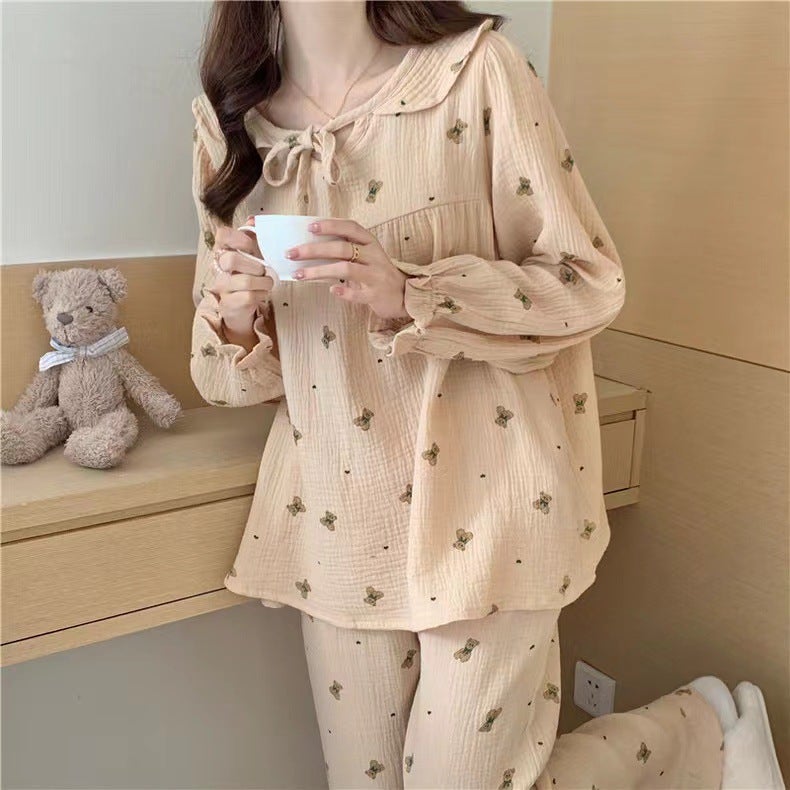 Ins Korean-style Cute Bear Pullover Long-sleeved Trousers Spring and Autumn Pajamas Womens Sweet Casual Girls Home Clothes 846