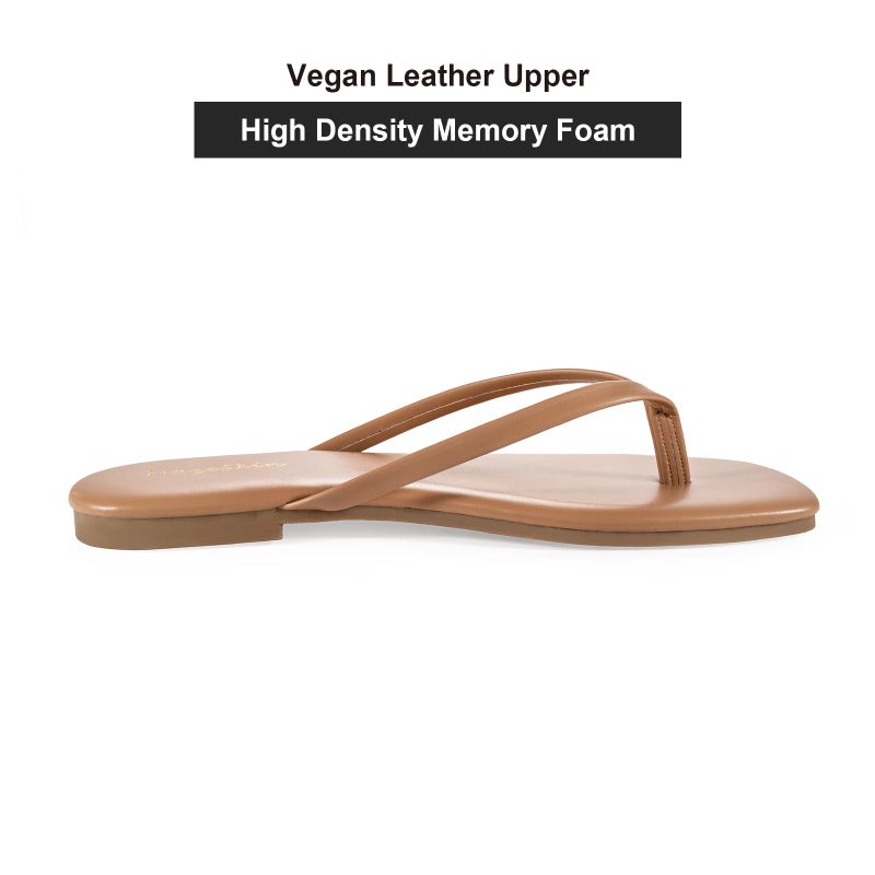 mazeskin Womens Flip Flops Memory Foam Square Toe Flat Sandals Vegan Leather Summer Beach Slides,Taupe US8 - Image 4