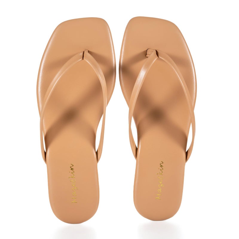 mazeskin Womens Flip Flops Memory Foam Square Toe Flat Sandals Vegan Leather Summer Beach Slides,Taupe US8 - Image 5