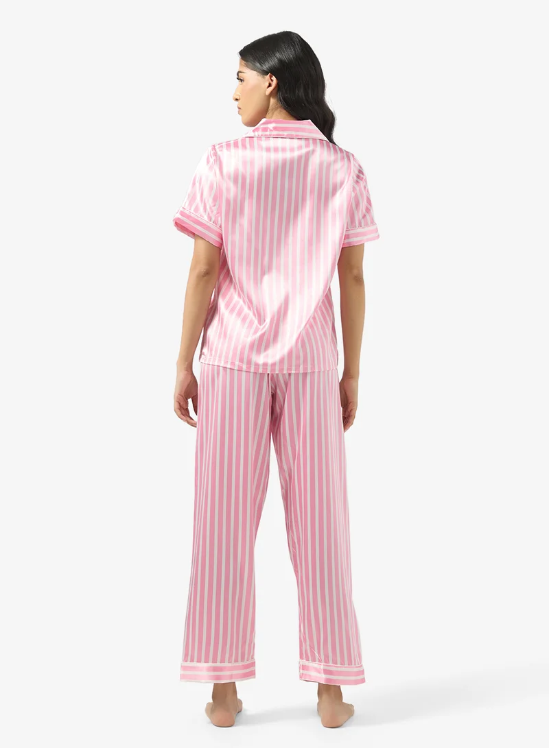 Ginger Satin Stripe Button Up Pyjama Set