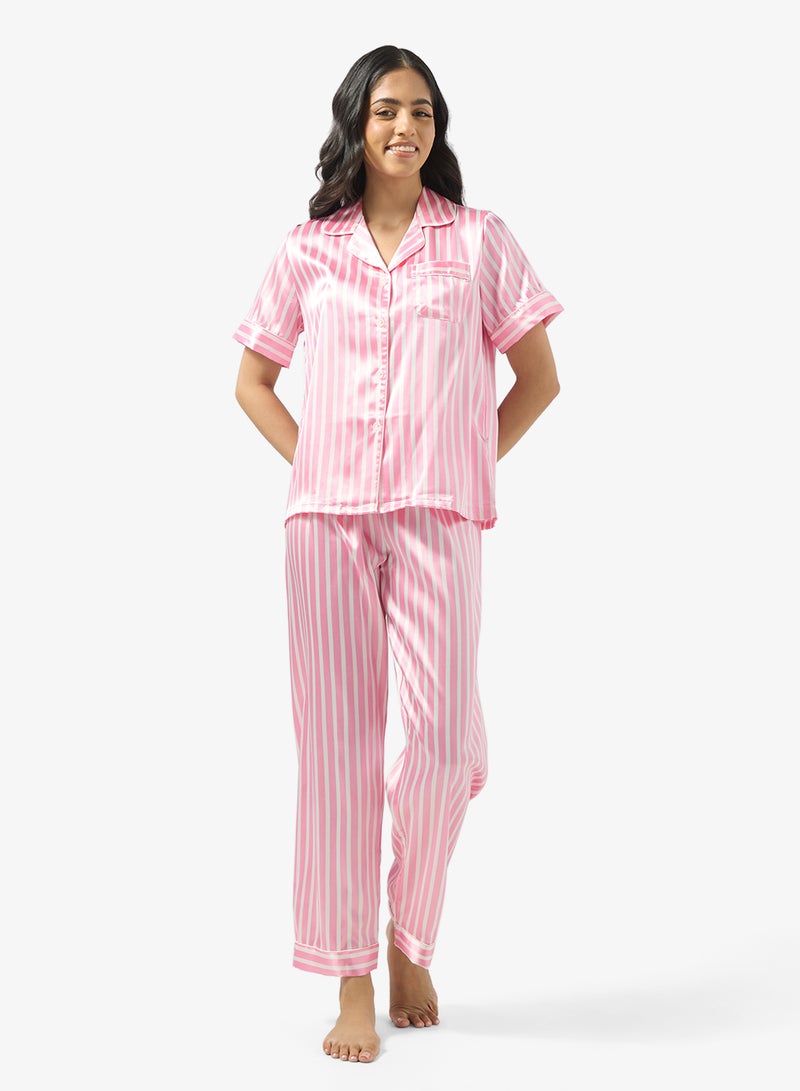 Ginger Satin Stripe Button Up Pyjama Set - Image 1