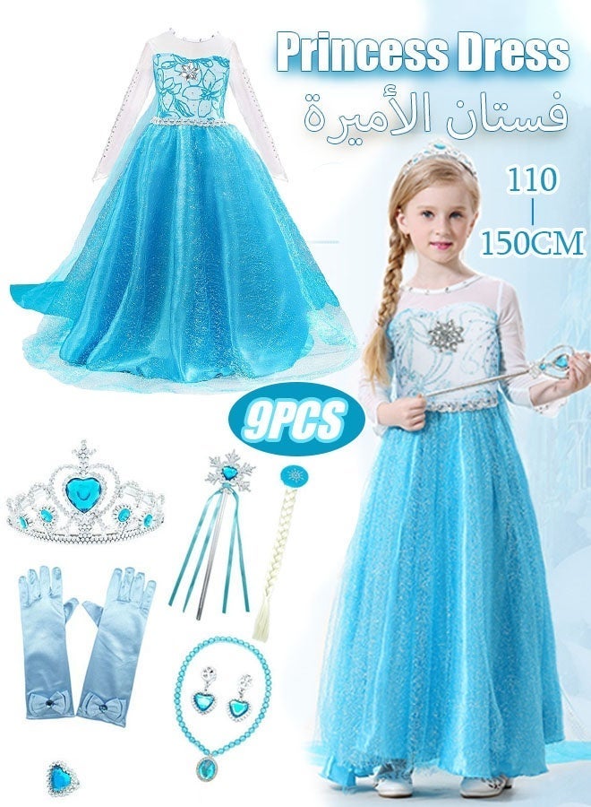 Princess Dress Set, Gorgeous Elsa Costume with 7 PCS Accessories, Luxury Princess Costume with Cape, Frozen Party Dress up, Elegant Princess Dress Up Costume for Girls, Performance Dress for Fancy Dress Parties, Birthdays, Prom Outfits and Cosplay Activities - Image 1