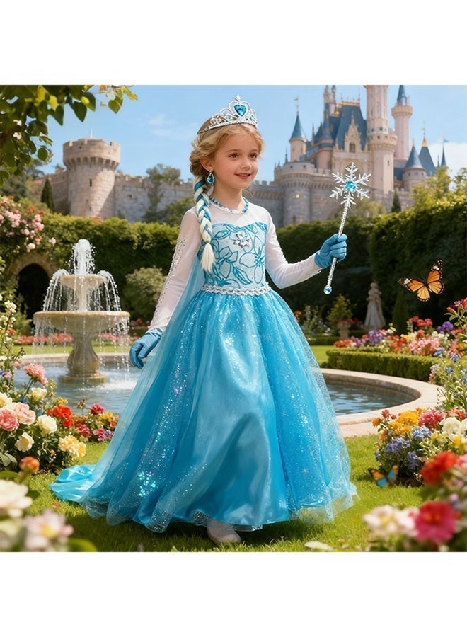 Princess Dress Set, Gorgeous Elsa Costume with 7 PCS Accessories, Luxury Princess Costume with Cape, Frozen Party Dress up, Elegant Princess Dress Up Costume for Girls, Performance Dress for Fancy Dress Parties, Birthdays, Prom Outfits and Cosplay Activities - Image 4