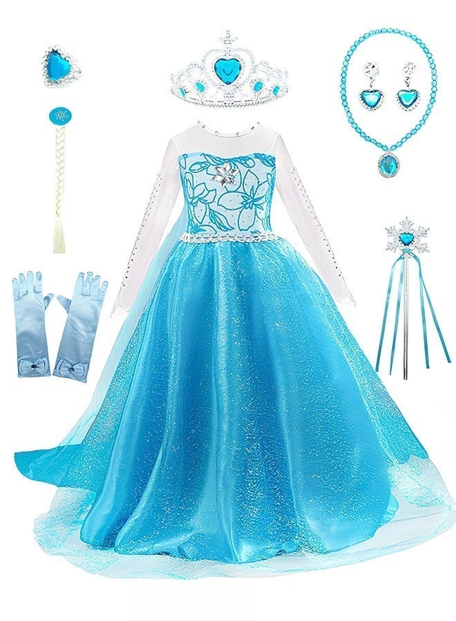 Princess Dress Set, Gorgeous Elsa Costume with 7 PCS Accessories, Luxury Princess Costume with Cape, Frozen Party Dress up, Elegant Princess Dress Up Costume for Girls, Performance Dress for Fancy Dress Parties, Birthdays, Prom Outfits and Cosplay Activities - Image 3