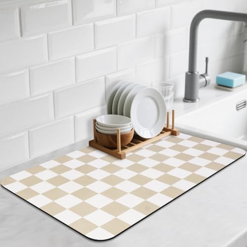 CooRug Checkered Dish Drying Mat for Kitchen Counter, Absorbent Non-Slip Coffee Mat, Heat Resistant Mat for Countertops Coffee Bar Decor 16" x 24" Khaki - Image 1