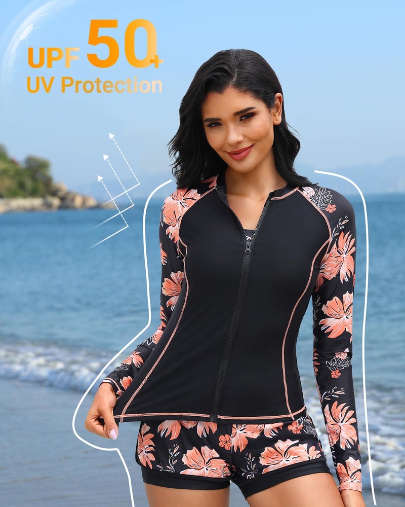 Daci Black Floral 3 Piece Rash Guard for Women - Long Sleeve Swimsuits with Shorts SPF Zip up Swim Shirt with Built in Bra XXL - Image 3